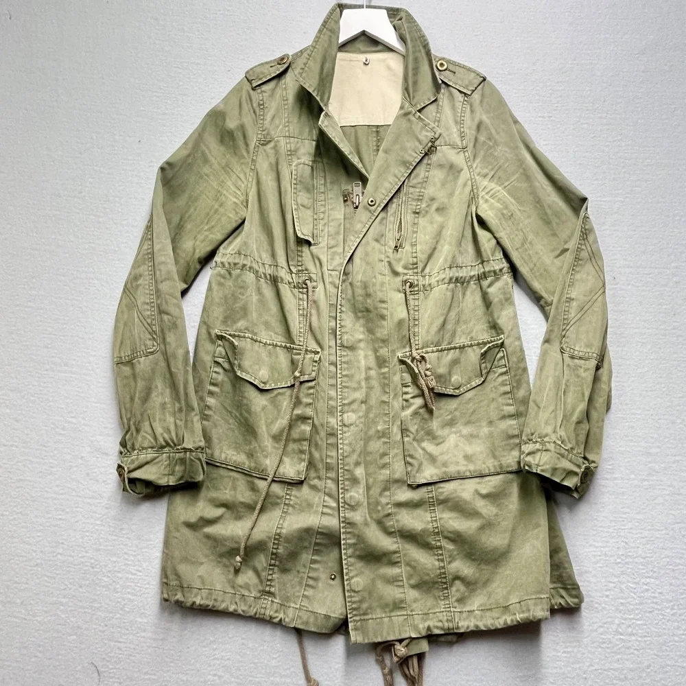 Free People Womens Olive Green Cotton Twill Military Field Jacket Fishtail Hem